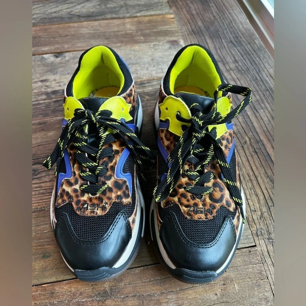 Ash Addict Adult Woman’s Sneakers, Shoes Black Combo Neon Leopard Sz 5 EU 37
